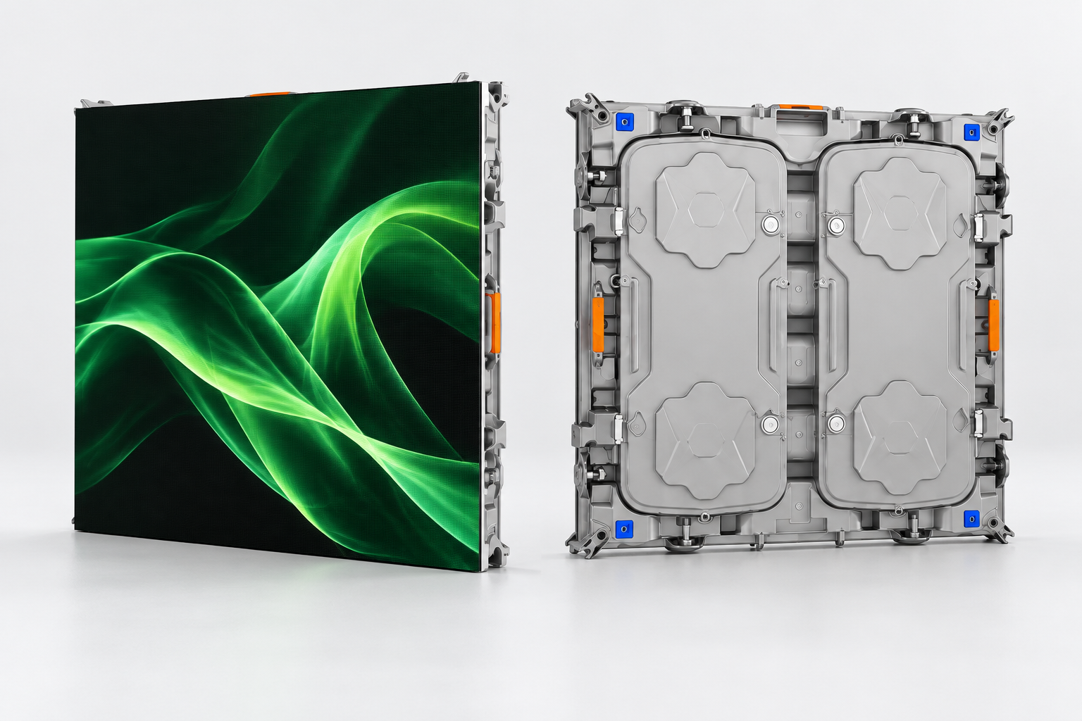 Front and rear design visualisation of silver magnesium LED display cabinet